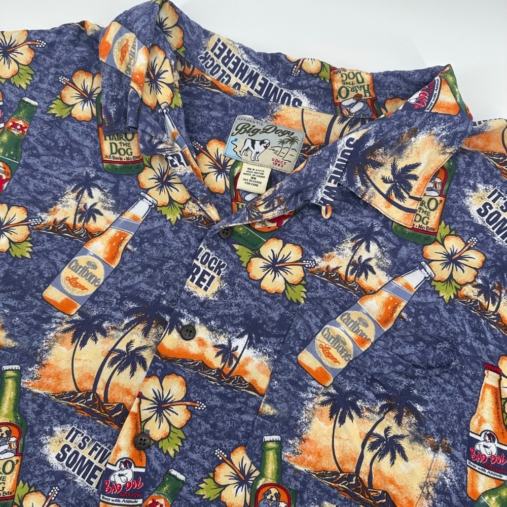Big Dogs Button Down Shirt Mens 3X Blue It's Five O'Clock Somewhere Rayon Beer